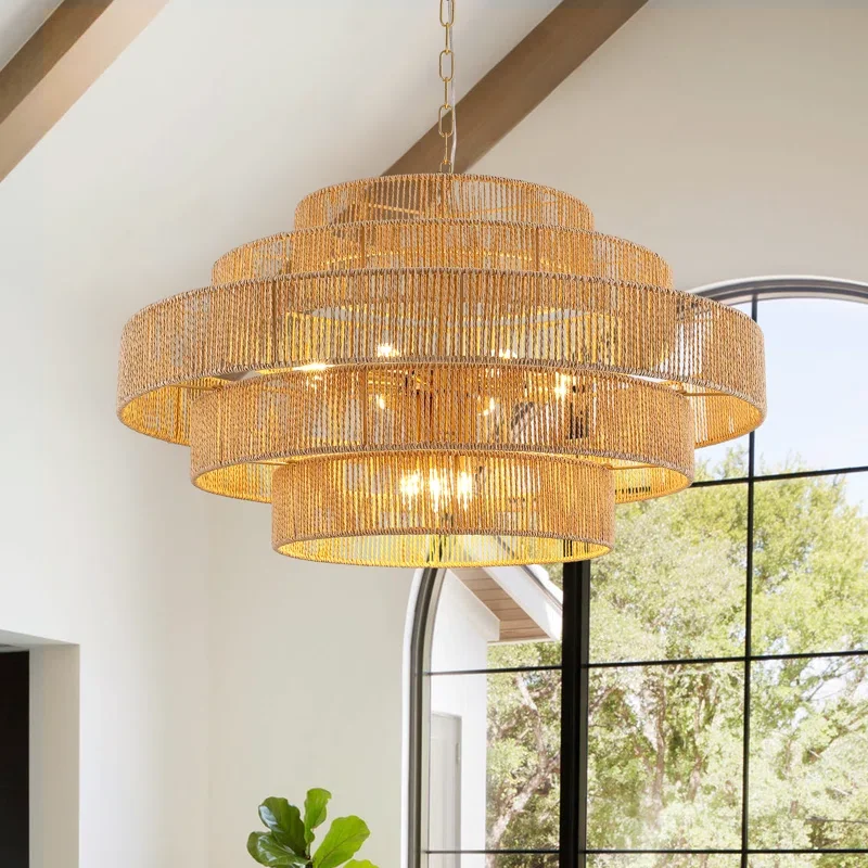 12 - Light Dimmable Hand-Woven Rattan Tiered Chandelier