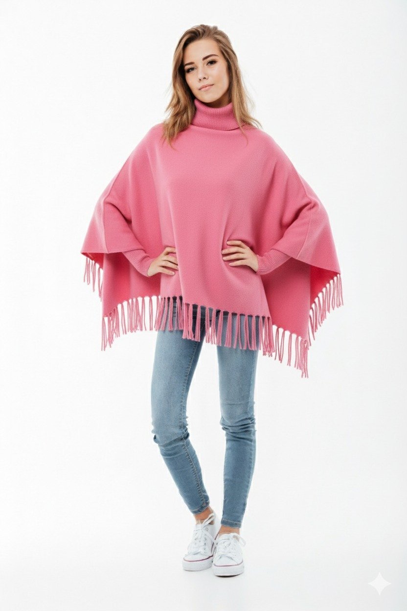Winter Fleece Poncho with High Neck, Tassel Design & Adjustable Short Sleeves – For Girls/Princess Free Sizes