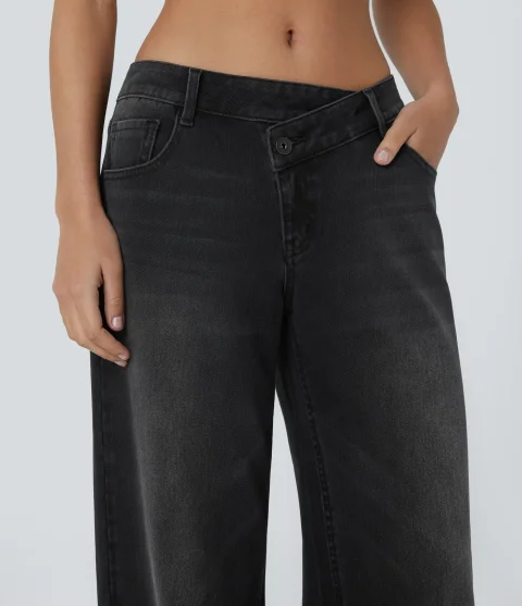 Women Halara Halara Flex Asymmetric Low Rise Zipper Pockets Baggy Wide Leg Washed Casual Jeans
