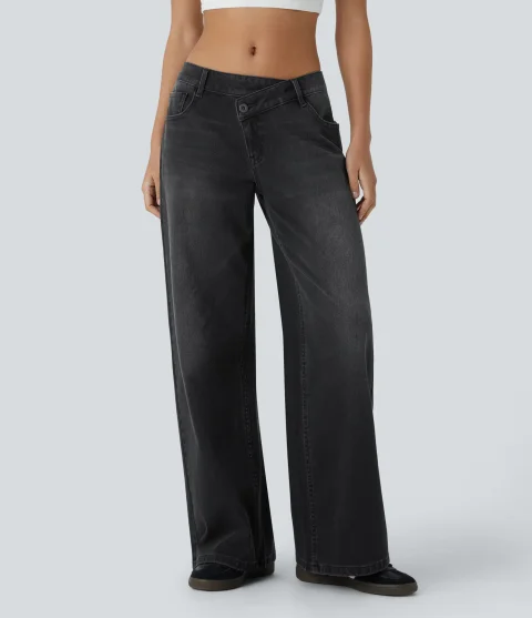 Women Halara Halara Flex Asymmetric Low Rise Zipper Pockets Baggy Wide Leg Washed Casual Jeans