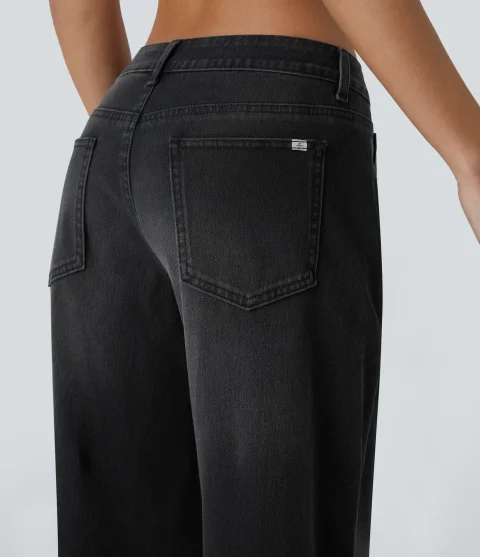 Women Halara Halara Flex Asymmetric Low Rise Zipper Pockets Baggy Wide Leg Washed Casual Jeans