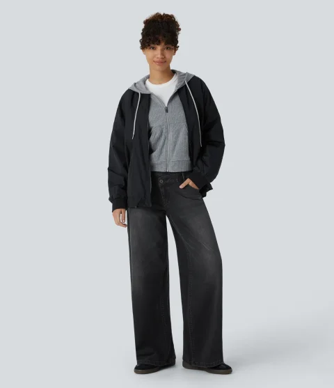 Women Halara Halara Flex Asymmetric Low Rise Zipper Pockets Baggy Wide Leg Washed Casual Jeans