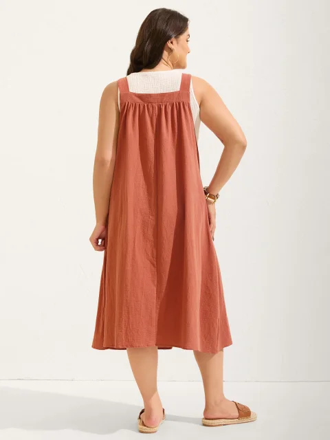 Women Plus Size Pure Cotton Pleated Pockets Midi Dress Leisure Gathered Square Neck Sleeveless Curvy BloomChic