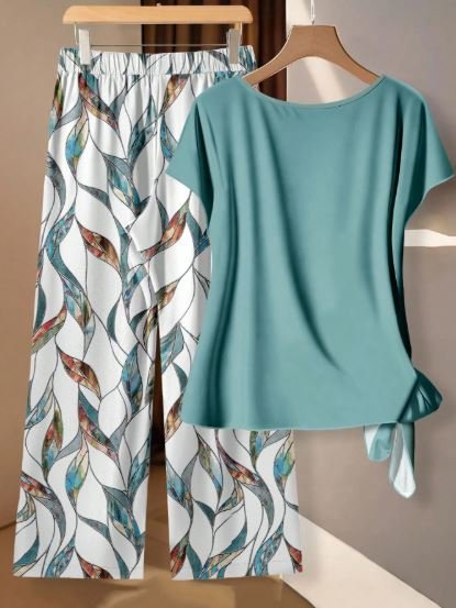 SHEIN Summer Outfits 2Pcs Women Casual Minimalist Green Bowknot Shirt & Loose Straight Geometric Print Pants Set