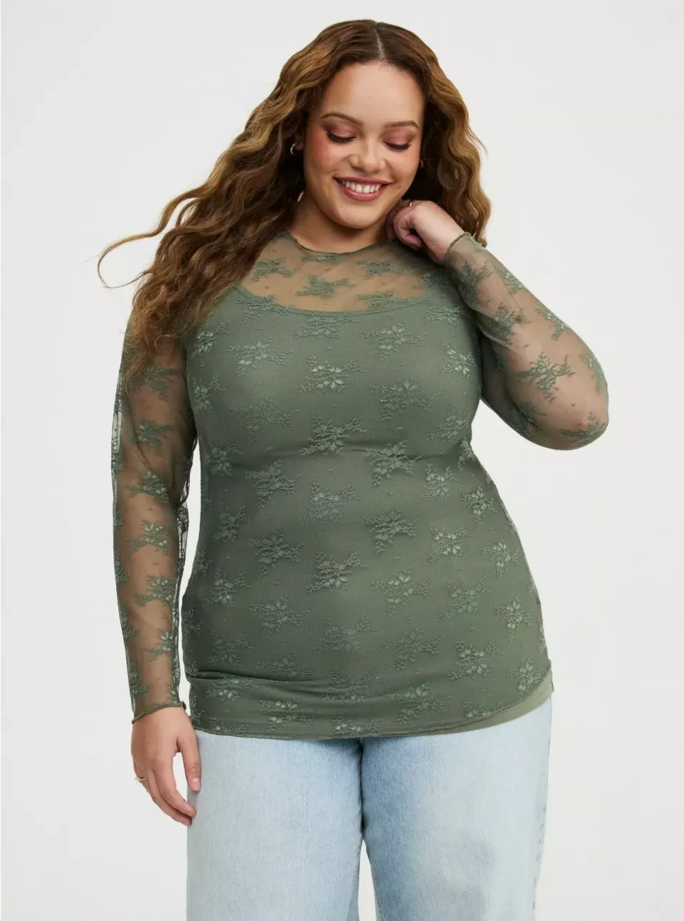 Women's torrid Sheer Lace Long Sleeve Crew Top