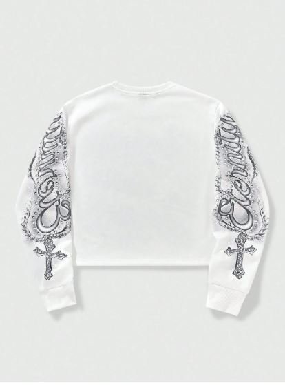 ROMWE MEN Teen Boy Letter & Cross Print Crew Neck Long Sleeve Pullover Sweatshirt