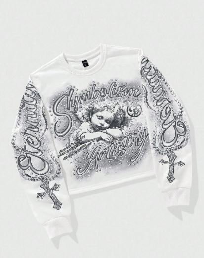 ROMWE MEN Teen Boy Letter & Cross Print Crew Neck Long Sleeve Pullover Sweatshirt