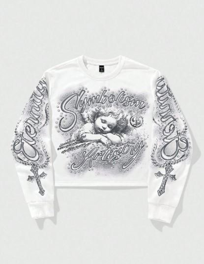 ROMWE MEN Teen Boy Letter & Cross Print Crew Neck Long Sleeve Pullover Sweatshirt