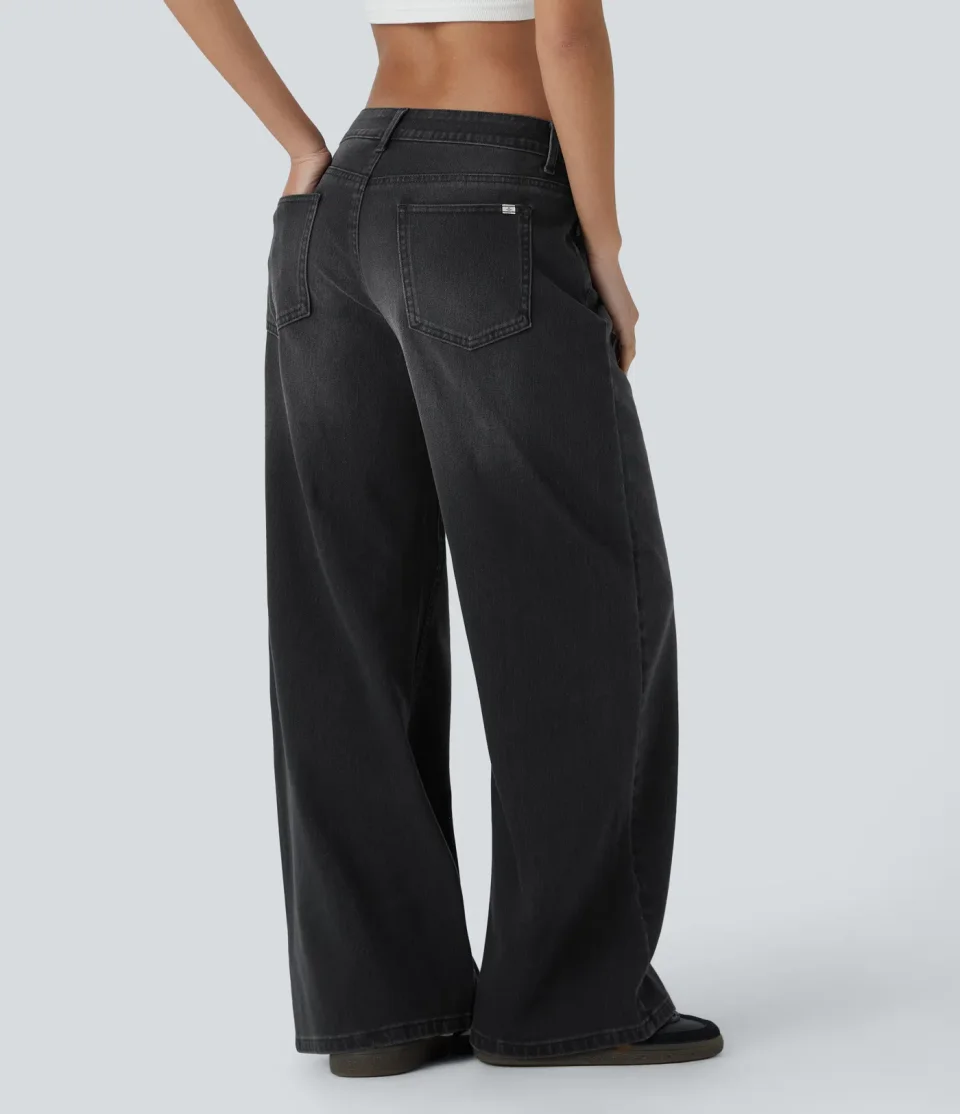 Women Halara Halara Flex Asymmetric Low Rise Zipper Pockets Baggy Wide Leg Washed Casual Jeans