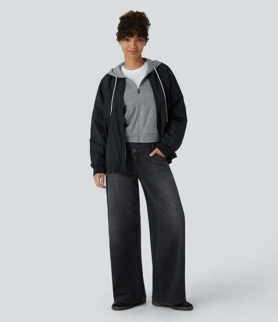 Women Halara Halara Flex Asymmetric Low Rise Zipper Pockets Baggy Wide Leg Washed Casual Jeans