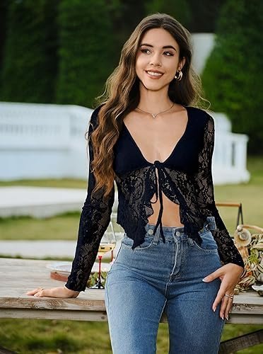 Women's Long Sleeve Open Back Lace Blouse