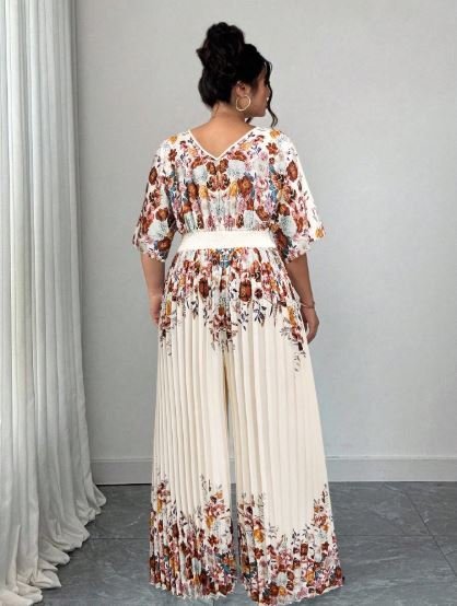 Elenzga Women's Printed Deep V Neck Batwing Sleeve Pleated Elegant Jumpsuit Business Casual Summer Women's Outfit Western Wear