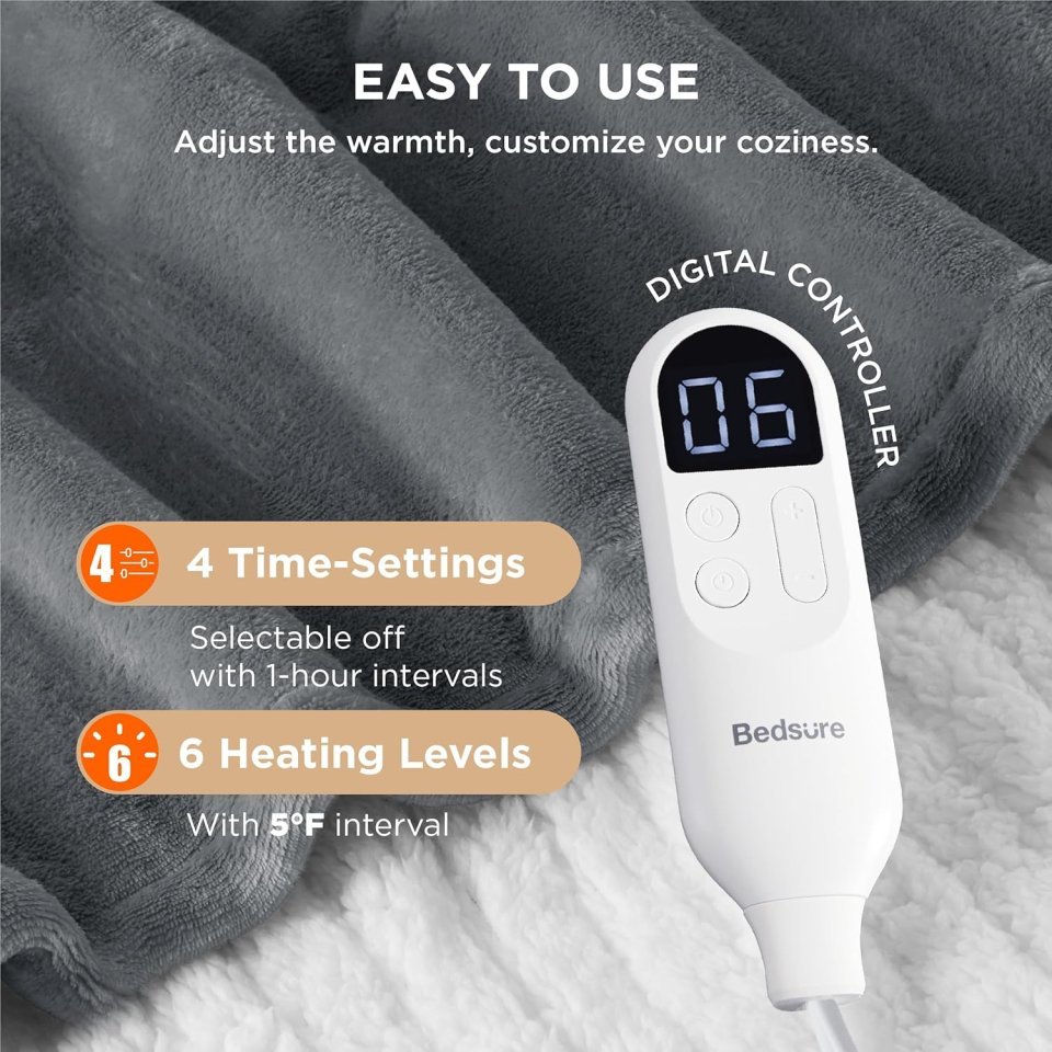 Bedsure Heated Blanket Throw Blanket - Fast Heating Electric Blanket, Soft Flannel Heated Throw with 4 Time Settings, 6 Heating Settings, Warm Gifts for Grandma & Grandpa & Seniors (50"x60", Grey)