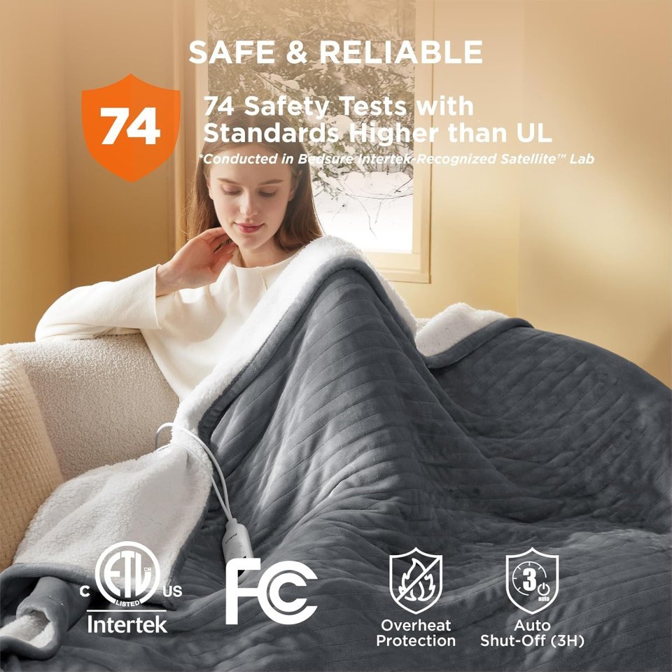 Bedsure Heated Blanket Throw Blanket - Fast Heating Electric Blanket, Soft Flannel Heated Throw with 4 Time Settings, 6 Heating Settings, Warm Gifts for Grandma & Grandpa & Seniors (50"x60", Grey)