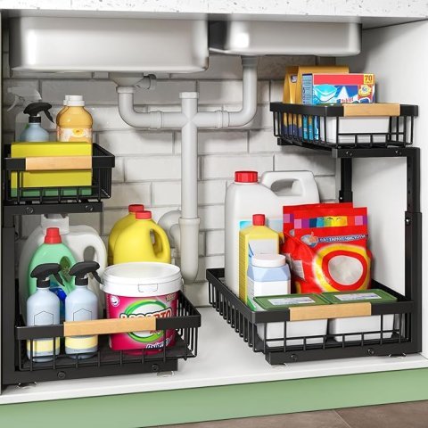 Kitstorack Under Sink Organizer 2 Pack | 2 Tier Sliding Cabinet Storage Shelves for Kitchen and Bathroom Organization