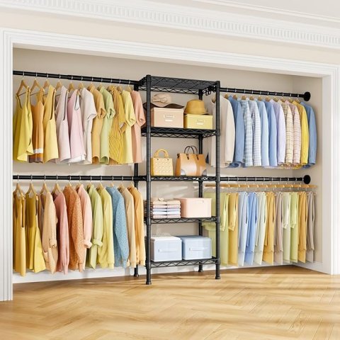 Ulif M2 Wall Mounted Closet System | Expandable Clothes Rack Organizer with 4 Hanging Rods and 5 Storage Shelves