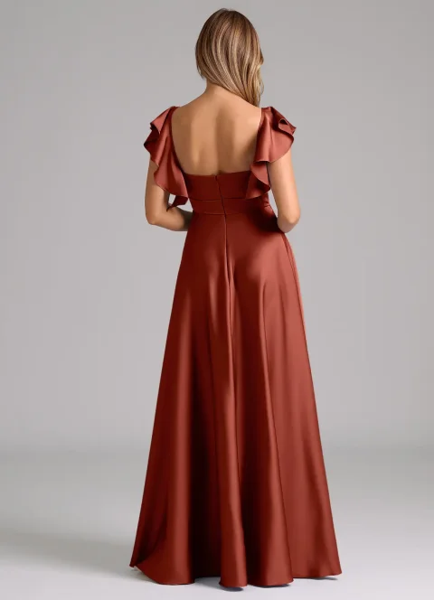 Terracotta A-Line Ruched Stretch Satin Dress