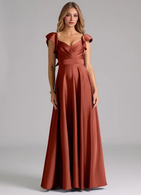 Terracotta A-Line Ruched Stretch Satin Dress