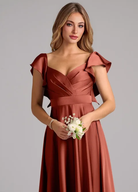 Terracotta A-Line Ruched Stretch Satin Dress