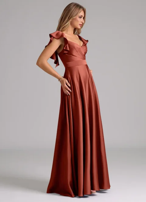 Terracotta A-Line Ruched Stretch Satin Dress