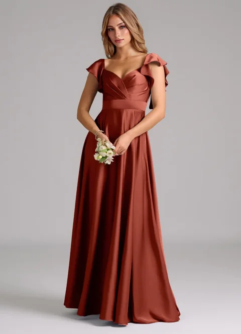 Terracotta A-Line Ruched Stretch Satin Dress