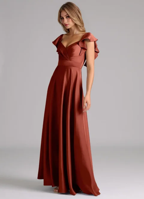 Terracotta A-Line Ruched Stretch Satin Dress