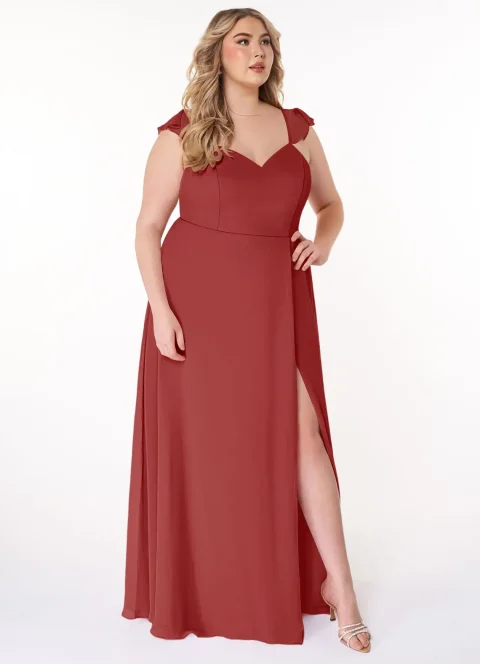 Rust A-Line V-neck Ruched Chiffon Dress