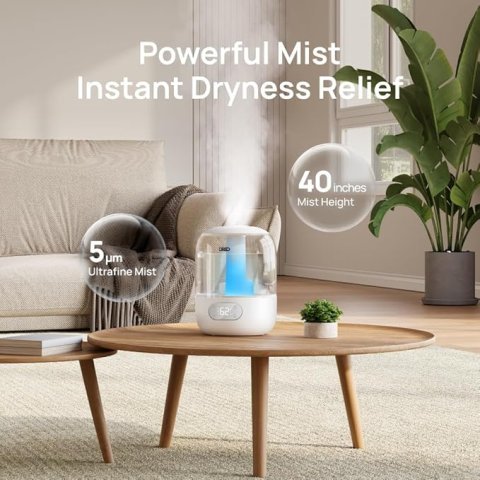DREO Humidifiers for Bedroom, 3L Top Fill 30H & 26dB Quiet Runtime for Large Room, Cool Mist Ultrasonic Humidifier with Humidity Sensor, Night Light for Home, Baby, Nursery, Plants, New Edition