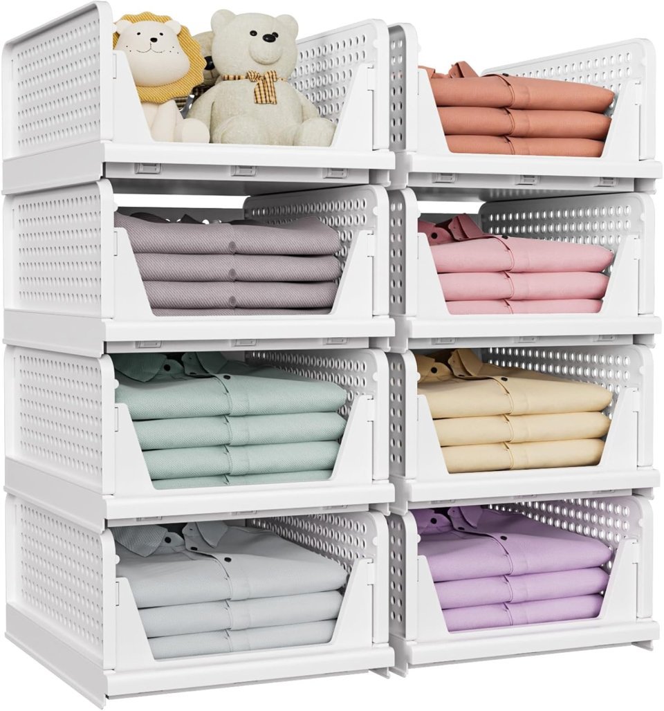 SNSLXH 5 Pack Stackable Closet Storage Baskets | Foldable Space Saving Closet Organizer for Clothes and Home Storage