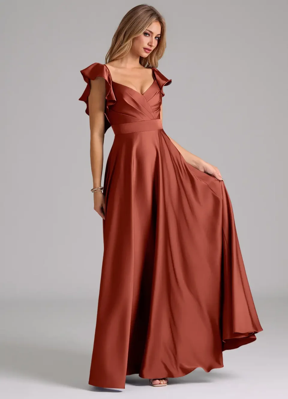 Terracotta A-Line Ruched Stretch Satin Dress