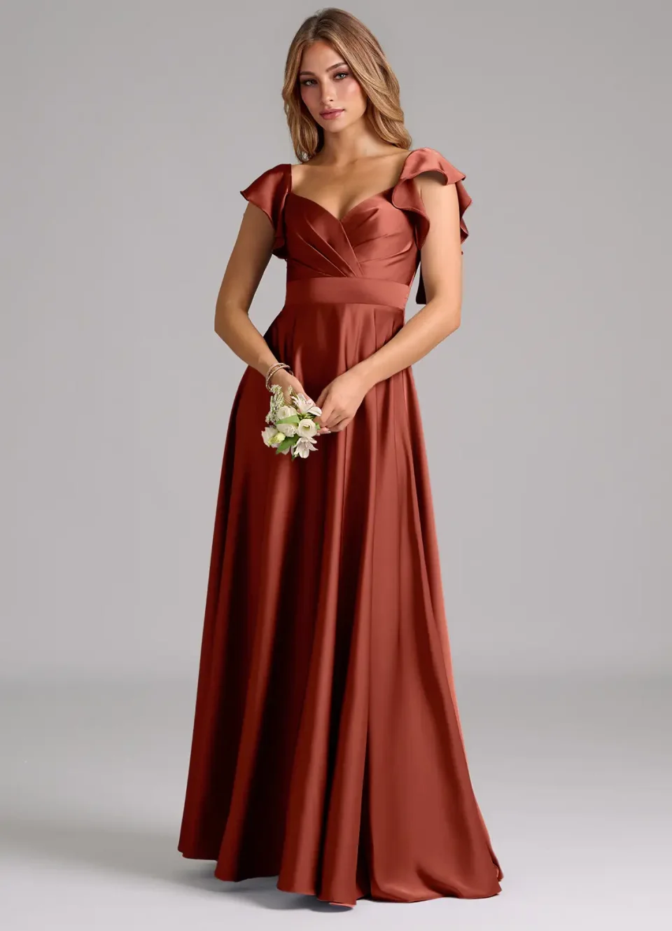 Terracotta A-Line Ruched Stretch Satin Dress