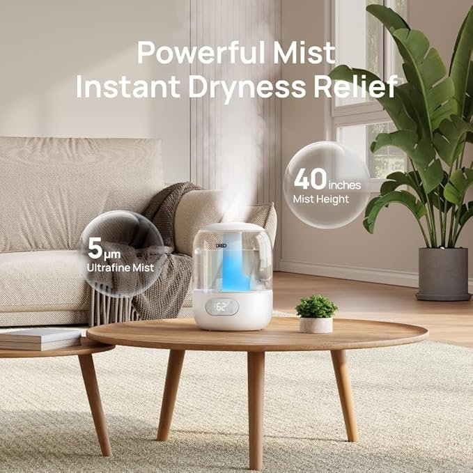 DREO Humidifiers for Bedroom, 3L Top Fill 30H & 26dB Quiet Runtime for Large Room, Cool Mist Ultrasonic Humidifier with Humidity Sensor, Night Light for Home, Baby, Nursery, Plants, New Edition