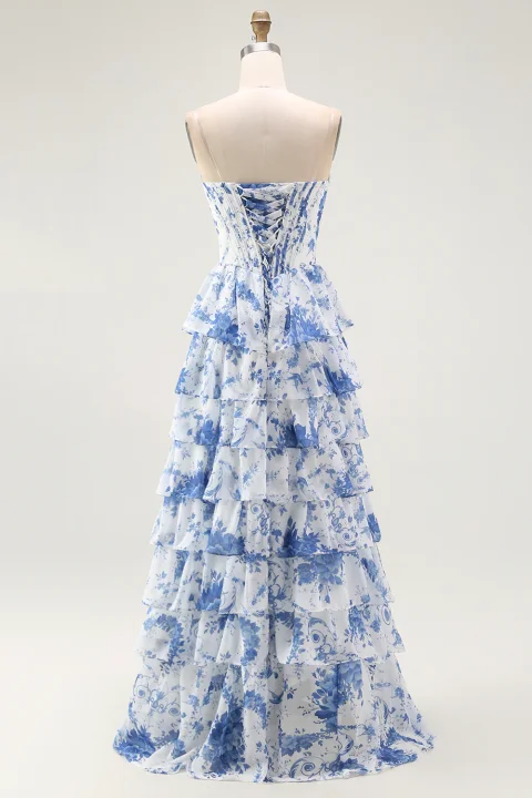 Blue White Flower A-Line Tiered Corset Long Prom Dress with Slit
