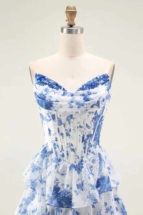Blue White Flower A-Line Tiered Corset Long Prom Dress with Slit