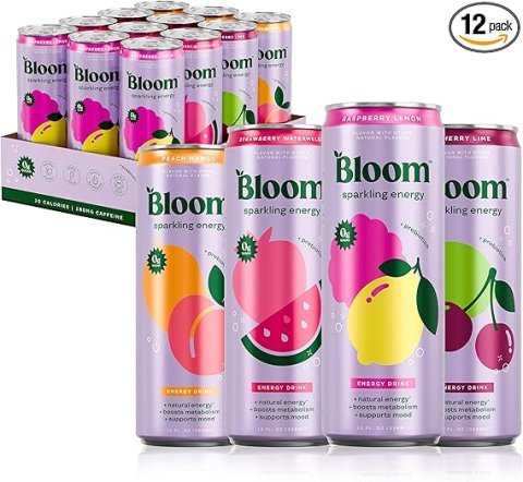 Bloom Nutrition Sparkling Energy Drink Variety Pack 12 Pack | Zero Sugar Natural Caffeine Energy Drink for Daily Focus