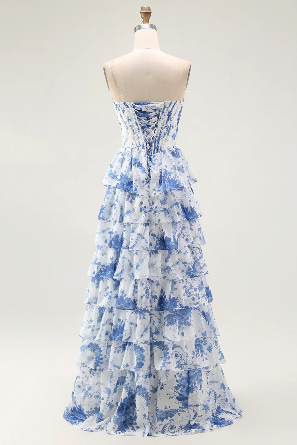 Blue White Flower A-Line Tiered Corset Long Prom Dress with Slit