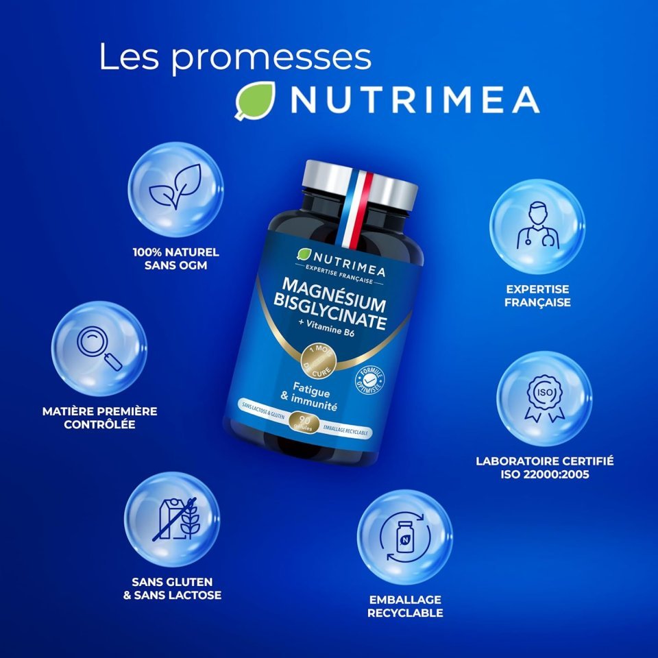 Magnesium Bisglycinate + Vitamin B6 - Sleep, Stress, Fatigue - Maximum Absorption & Easy Assimilation - 90 Vegan Capsules - Nutrimea - Made in Franc